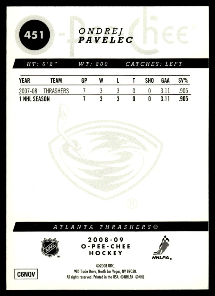 2008-09 O-Pee-Chee Gold Ondrej Pavelec Atlanta Thrashers #451 - Image 2 of 2