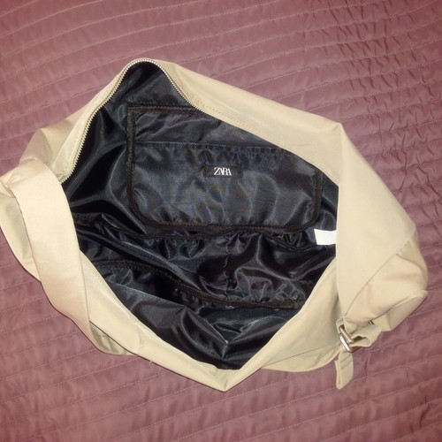 ZARA borsa a tracolla uomo nylon, grande stile banana, beige sabbia, zip 2 vie, unisex, L/M - Foto 6 di 16