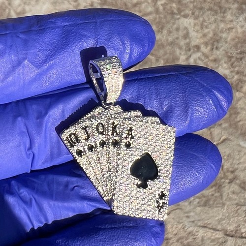 Men Moissanite 925 Silver Pendant Poker Playing Cards Iced Bling Out Royal Flush - Picture 8 of 13