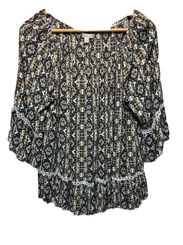 Fever Bauern Top Häkel Bohemian Gypsy Gr. M creme blau gold Boho Rüschenärmel - Bild 1 von 6