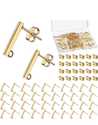 80PCS Stainless Steel Ball Post Stud Earring Findings Craft with Loop Gold DIY