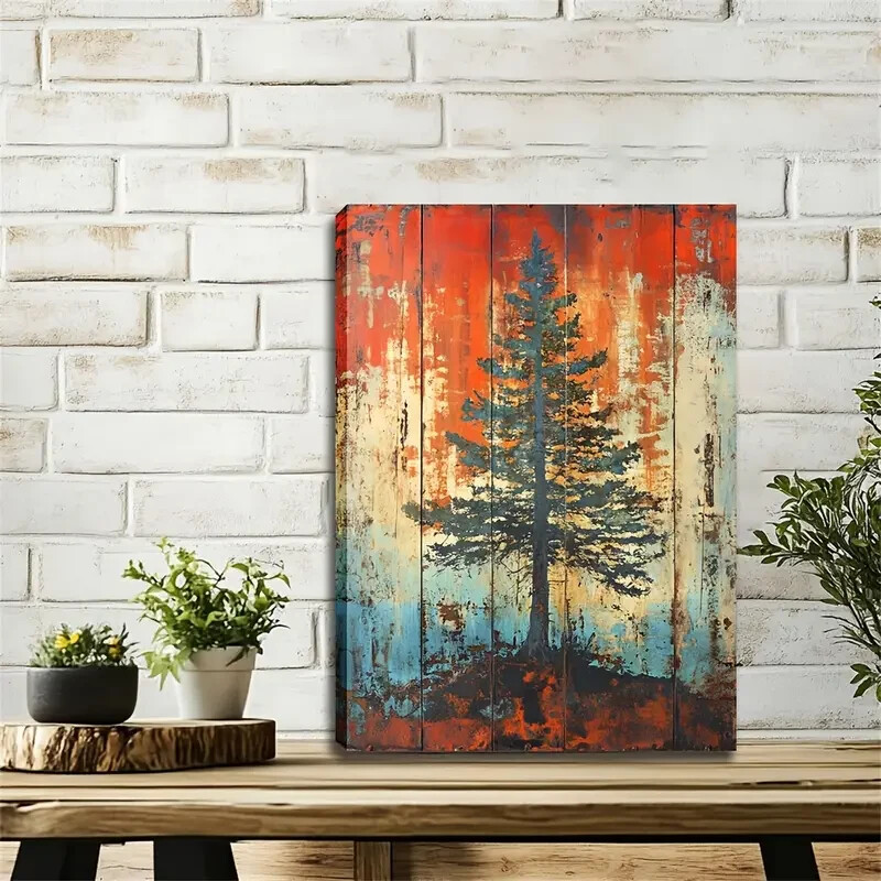 Vintage Pine On Red And White Wall Art  Canvas Unframed/Framed