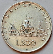 500 Lire, Italy 1960, Christopher Columbus's ships, silver coin