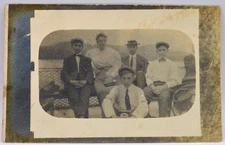 Antique - Composite RPPC - Real Photo Postcard - Family on Benches - Lake Scene