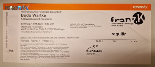 4 x REIHE 1 Bodo Wartke-Tickets zum halben Preis: 4 für 2! ! ! - Bild 2 von 2