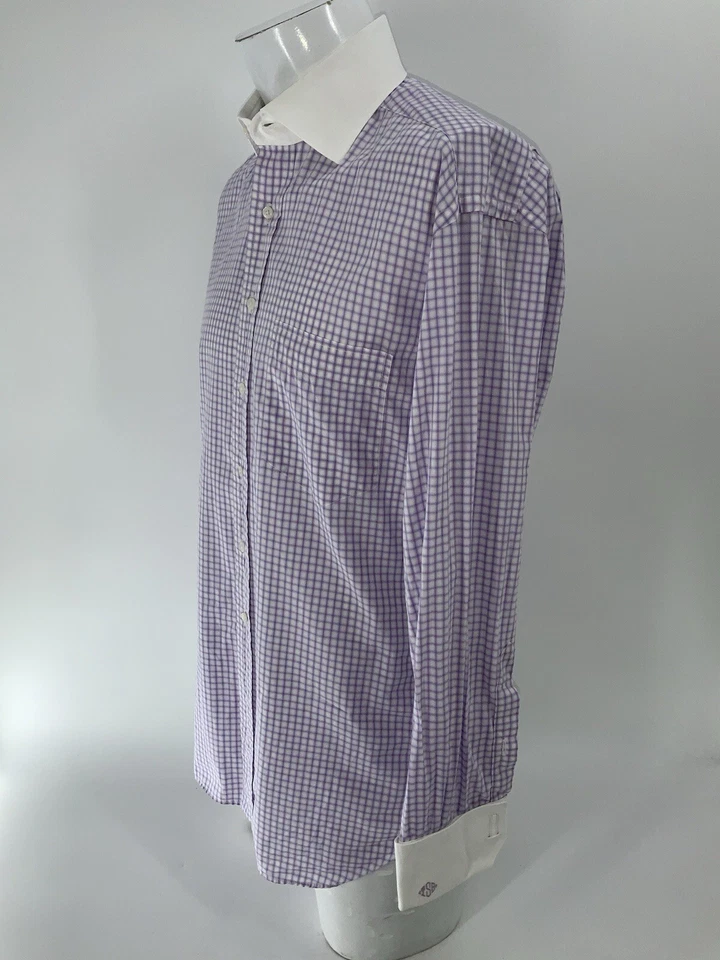 Savile Row French Cuff Dress Shirt 15.5 33 Purple White Check Cotton YGI X4-124 - Image 4 of 4