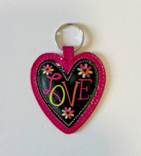 Pink Black 3" Heart w LOVE Sign Key Chain Dangle