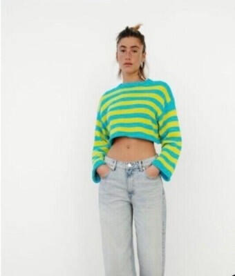 ZARA CROP SWEATER BLUE YELLOW STRIPE DISTRESSED