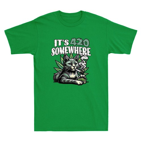 It's 420 Somewhere Funny Weed Cat Smoking High 420 Graphic Vintage Men's T-Shirt - Picture 8 of 8