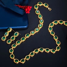 Classic 18k Gold Green CZ Women Costume Leaf Jewelry Set Choker Necklace Earring
