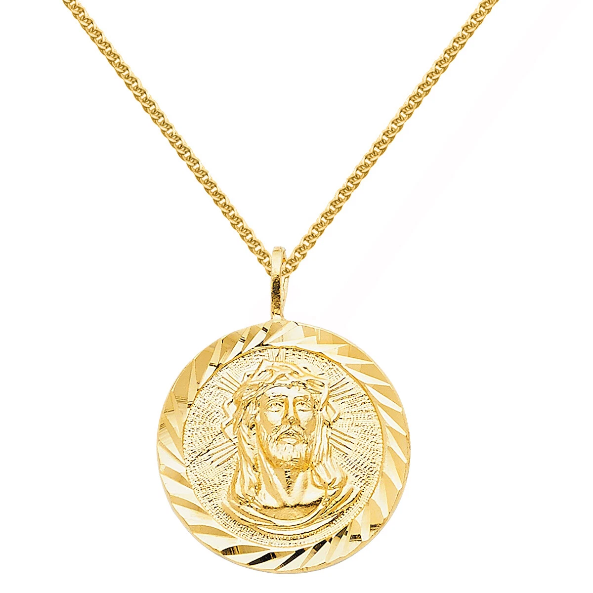 Dimaya 14k Yellow Gold Diamond cut Face of Jesus Medallion Pendant