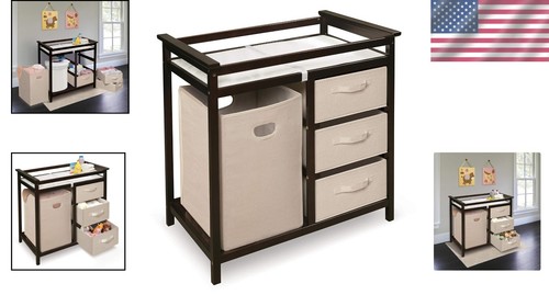 Modern Cherry Wood Changing Table with Foam Pad & Ample Storage - Espresso/Ecru - Picture 2 of 10