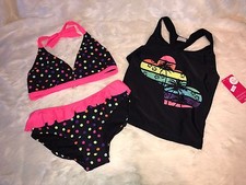 NWT Girls 3 Piece Swimsuit Bikini Top Bottoms Ruffles Takini Shirt Sz 4/5 v2