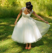 Vintage Short Wedding Dresses Briadal Gowns Tea Length A-Line Tulle Graden Bride