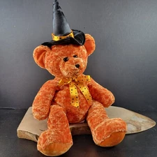 Halloween Teddy Bear Chenille Orange Plush Sitting Witch Hat Star Ribbon