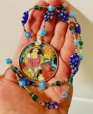 TAPESTRY-LAURA MOSTAGHEL SIGNED MIXED MEDIA COLLAGE PENDANT MILLEFIORI BEADS 1/1