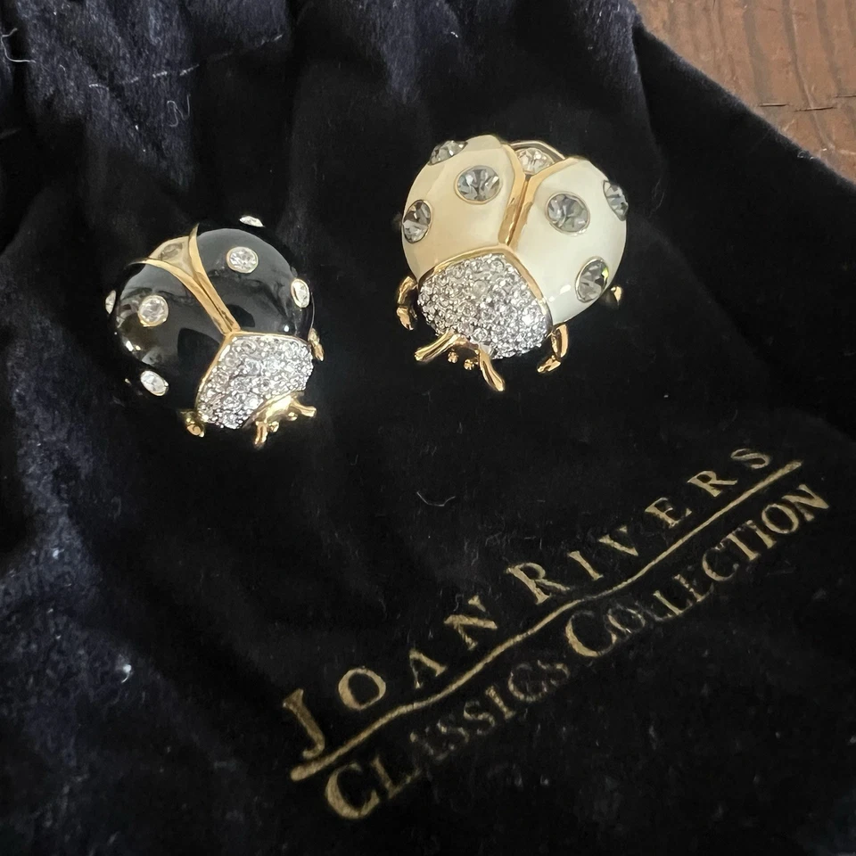 Set of TWO Joan Rivers Ladybug Pins Black Cream Gold Enamel Rhinestone Brooches - Image 2 of 4
