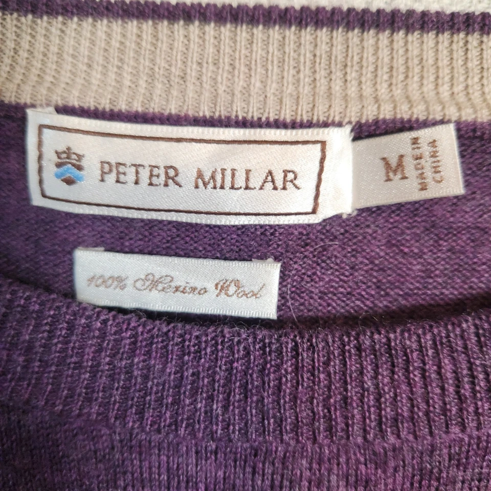 Peter Millar 美利奴羊毛毛衣男式 M 紫色皇冠圆领学院风阅读 — 第 3/4 张图片
