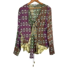 Zara Studio Boho Printed Long Sleeve Blouse with Tie Detail Size M Medium Boho