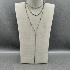 Layered Gunmetal Beaded Y Lariat Necklace Womens Long Multi Strand Boho Jewelry