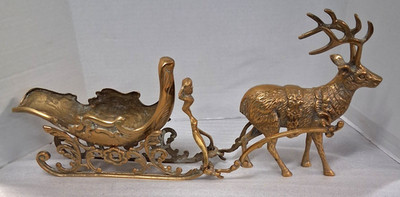 Vintage Solid Brass Christmas Reindeer and Sleigh 22  Long 6 Pcs.