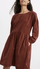 Madewell Women's Large Corduroy Babydoll Dress Mini Pockets Long Sleeve Rust