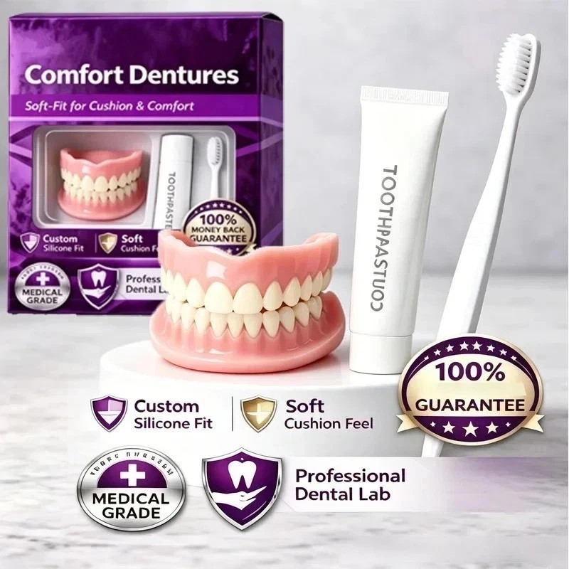 Moldable Silicone Dentures Upper Lower False Teeth Set Instant Smile Toothbrush