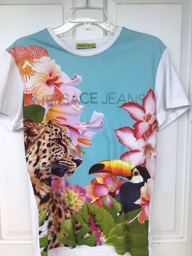 Versace Jeans “Toucan”, Leopard & Floral Short Sleeve Cotton T-shirt Sz. S, HOLE