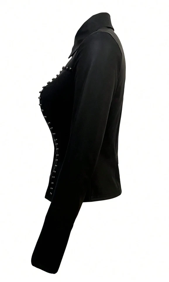 Mujeres Talla Estándar Sexy Blusa Tachonada Manga Larga Imitación Cuero Talla XS S M L XL Foto 3 de 4