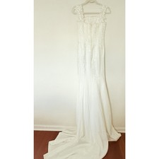 VTG White Lace Applique Fit and Flare Wedding Dress Trail Ethereal Bridal Gown