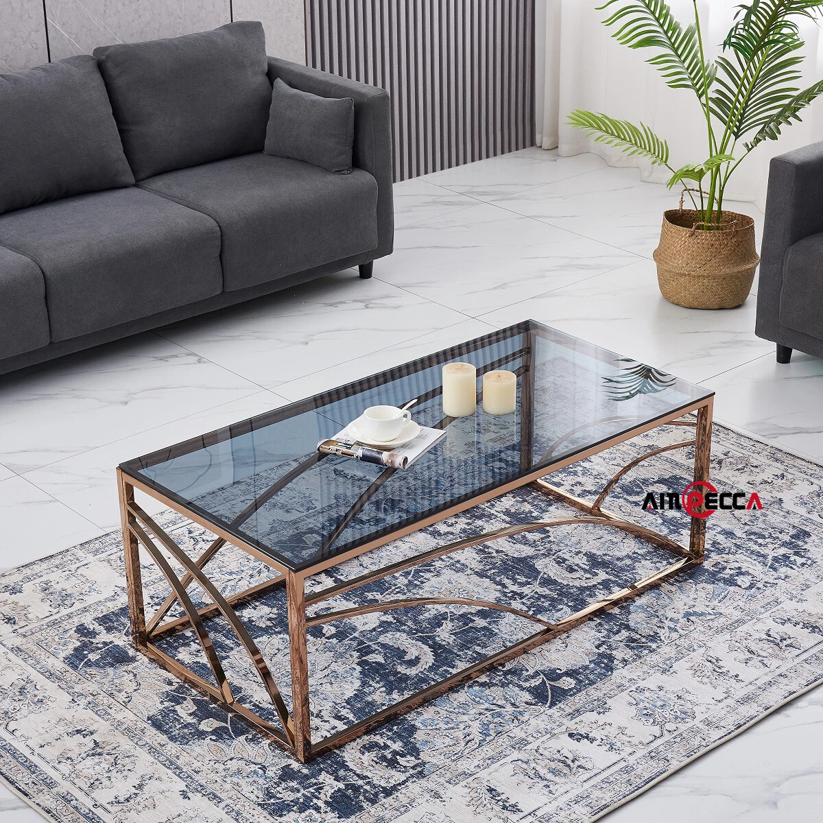 AINPECCA 1x Coffee Table Rose Gold Stainless Steel Base Tempered