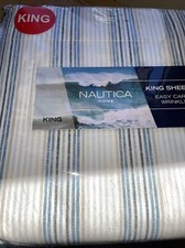 Nautica PIER TWENTY STRIPE KING Sheet Set BLUE GRAY WHITE Stripe Beach Ocean S29