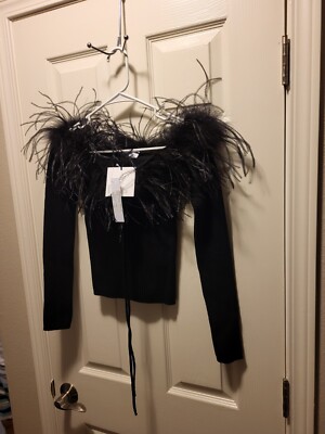 GIUSEPPE DI MORABITO Wool Rib Knit Top W/feathers In Black made in Italy size 36