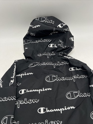 Champion Windbreaker Hoodie Jacket Men’s M All Over Print Script Logo Black - Picture 12 of 13