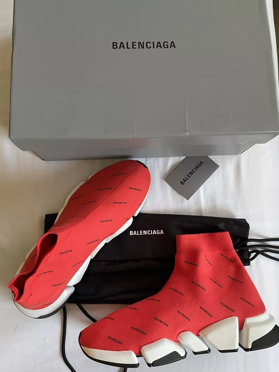 New Men's Balenciaga Red Knit Logo Speed Trainer Sneakers in  US10/EU43.