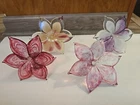 4 VINTAGE MURANO ART GLASS WHITE / Burgundy  TRUMPET FLOWER 5"