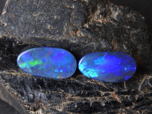 Australian Opal Doublet Smooth Multi Fire Cabochon Matched Pair 16X9X3MM MS - Picture 7 of 12