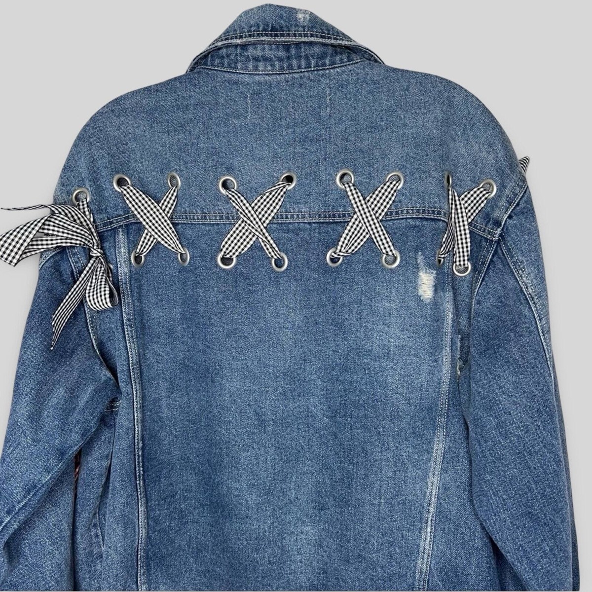 Zara Denim Ribbon Jacket Jean Gingham Plaid Blue Distressed