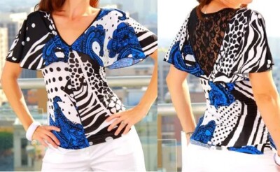 Blue Black Zebra Leopard Paisley Dots Lace Back Short Flutter Sleeve Top