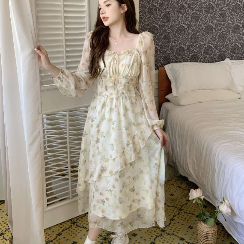 3COLOUR★Chiffon floral dress ドレス 318 Women Girl Floral Chiffon Dress Tiered Ruffle Long Sleeve