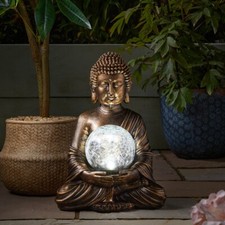 Solar Powered LED Gazing Buddha Garden Ornament with Light Up Crackle Glass Orb