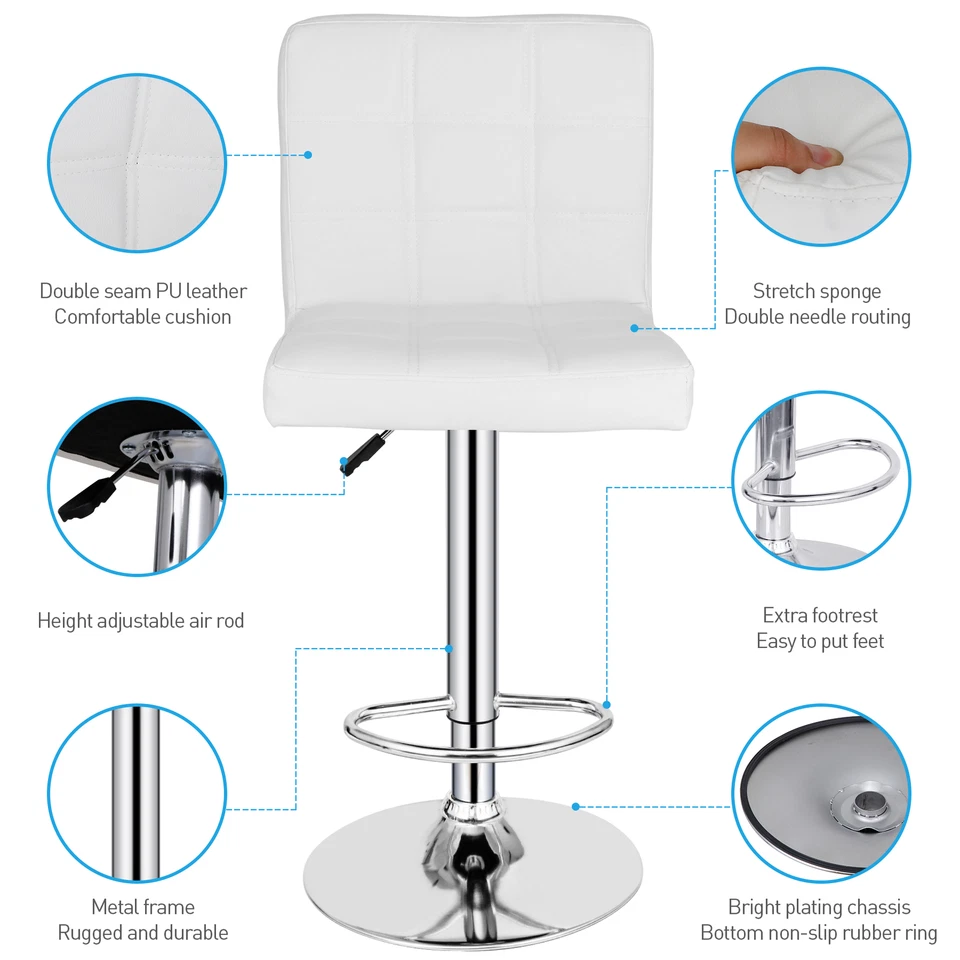 Set of 4 Bar Stools Adjustable Counter Height Swivel Chairs Square PU Leather - Image 4 of 4