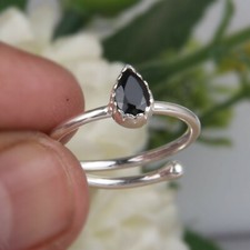 6x4 mm Pear Shape Black Spinal Gemstone Silver Adjustable Ring For Womens Gift