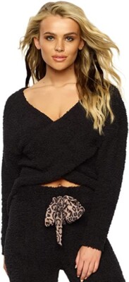 NWT! Felina Sz S Denali V-Neck Fuzzy Fuax Sherpa Wrap Sweater Black 900635