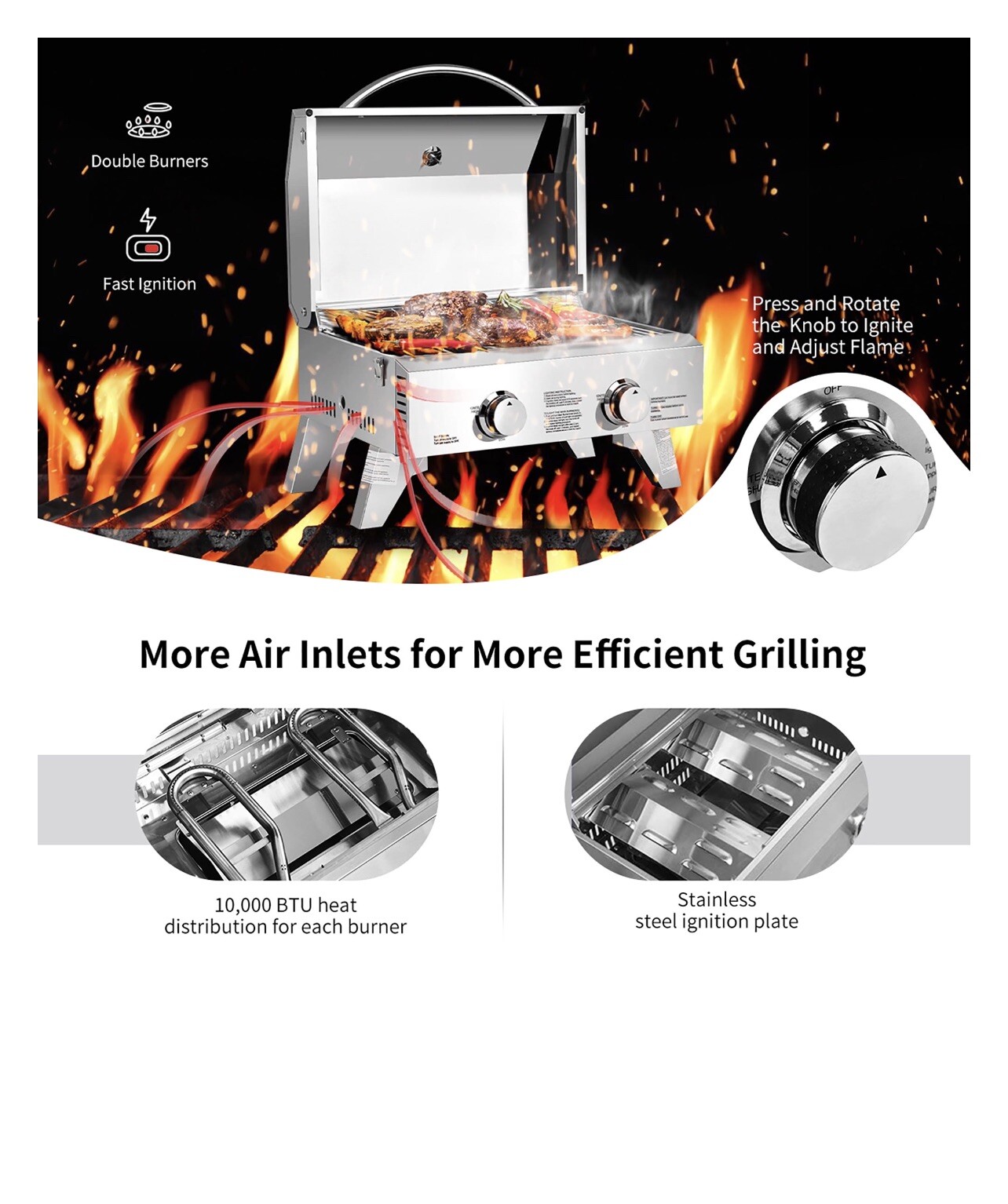 Costway OP3243 2 Burner 20,000 BTU Portable BBQ Table Top Propane Gas Grill