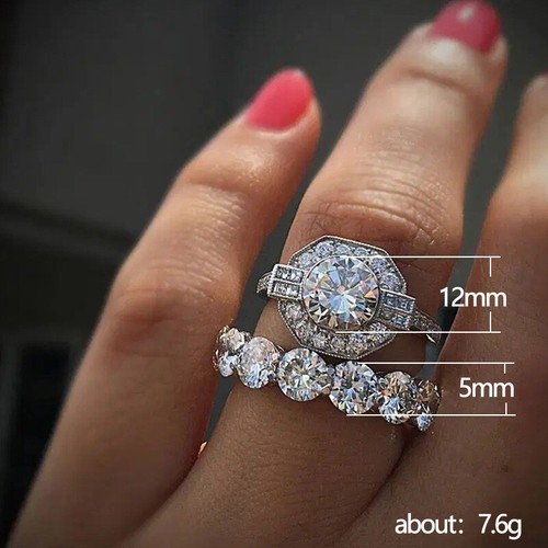 Silver Pld Ring Crystal Clear Zircon Rings Womens Wedding Jewelry sz 6-10 - Picture 2 of 3