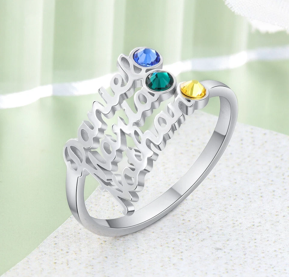 Anillo personalizado con nombre recortado en 3D y piedra de nacimiento para mamá/abuela - 3 nombres 3 piedras de nacimiento Foto 3 de 4
