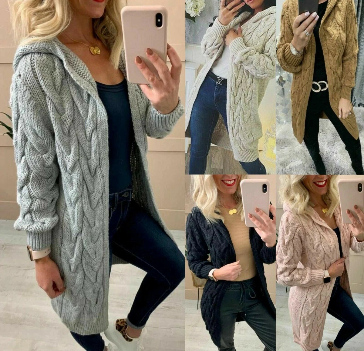 Ladies Cable Knitted Cardigans Oversize Long Hooded Women Chunky