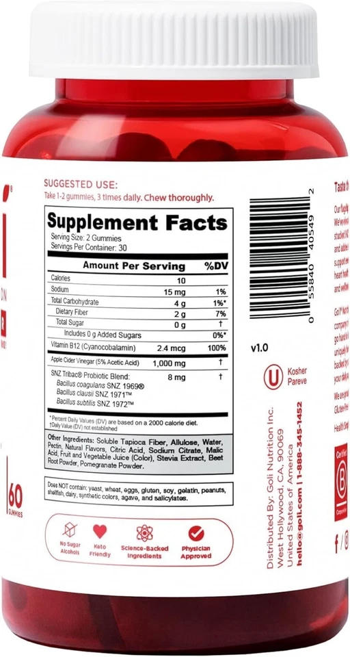 Goli Zero Sugar 3-in-1 Probiotic Apple Cider Vinegar Vitamin B12 and Probiotics - Image 4 of 4