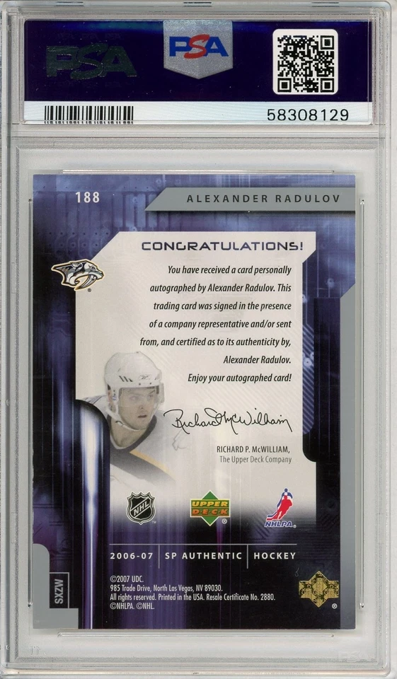 2006-07 UD SP Authentic ALEXANDER RADULOV Future Watch Auto /999 PSA 10 Low Pop - Image 2 of 2